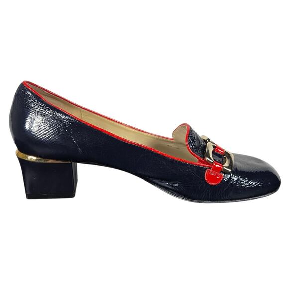 Marc by Marc Jacobs Pumps Womens 38 Navy Red Patent Leather Chain Heeled Loafers - Picture 3 of 14